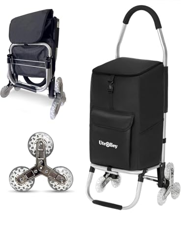 UTROLLEY Ultra-Lightweight Foldable Stair-Climbing Shopping Cart for Groceries - 42L Capacity, Six Wheels, Removable Insulated Bag, Durable Aluminum Frame,Multi-Function Personal Hand Truck, Black
