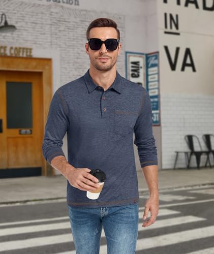 ZITY Men's Casual Long Sleeve Polo Shirts Classic Button Cotton Work T-Shirt Collared Basic Golf Shirt with Pocket3