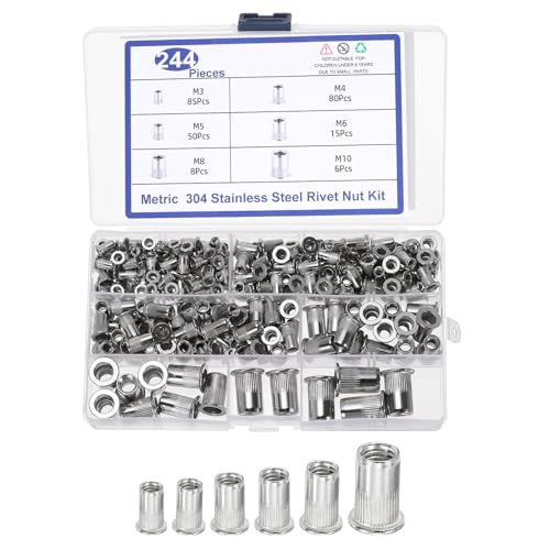 uxcell 244 Pcs Rivet Nut, 304 Stainless Steel Metric Thread Rivet Nuts Kit Flat Head Threaded Insert Nuts M3/ M4/ M5/ M6/ M8/ M10 for Automotive, Home Decor and Industrial, Silver