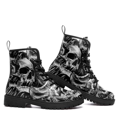 Image of Custom Black Combat Boots for Women Fashion Lace-Up Skull Rose Ankle Booties Chunky Heel Platform Leather Boots