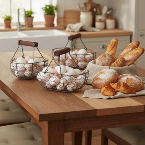 Panier à œufs métallique de style rustique chic avec poignée bois - 3