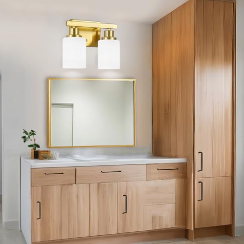 Image of 2-Light Gold Bathroom Light Fixture Vanity Light Over Mirror 10.6in | White Frosted Ribbed Glass Shade Modern Vanity Lights Fixtures Bathroom Wall Lamp Sconces for Mirror Small Space E26 Base