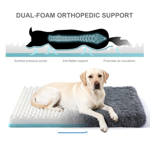 Image of Orthopedic Memory Foam Dog Bed Large Size Crate Pad 41 x 27 Inch Dark Gray | Dual-layer support with removable washable plush cover waterproof liner nonslip base for kennel car and home use up to 85 lb
