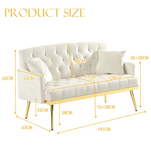 Antetek Upholstered Velvet Loveseat Sofa, Modern Small Sofa Couch With Side Pocket And Golden Metal Legs, Tufted Leisure Sofa For Living Room, Bedroom, Office, Light Beige #TOP1