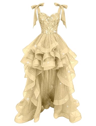 A Line 3D Butterfly Puffy Corset Prom Dress for Teens Sleeveless Ruffle Tiered Sparkly Tulle Ball Gown with Bow High Low Sequin Applique Champagne Evening Gowns for Women