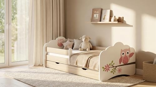 Happy Babies Kinderbett - Mit Matratze & Schublade und Rausfallschutz, 80x160, Mädchen Kinderbetten & Jugendbett Jungen Kids Bed, Jugendbett für Bodentief Ausziehbett Kleinkind, Lattenrost