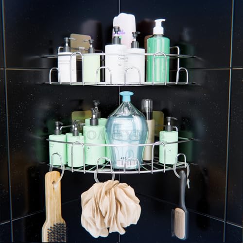 Image of Bathroom Organiser Without Drill | Adhesive Corner Shelf for Washroom Wall Hanging Corner Kitchen Sink Organizer Stainless Stee l Corner Stand for Kitchen & Bathroom (R Silver, Pack of 2)