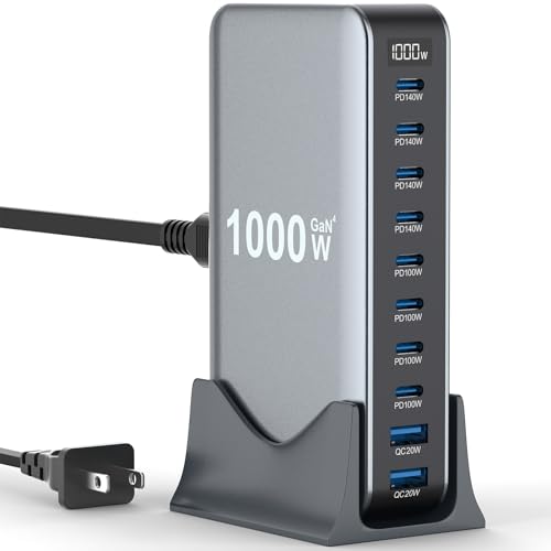 1000W USB C Fast Charger Block, 10 Port USB Charging Station, GaN Ⅳ Pro 140W PD PPS Port for Multiple Devices,Laptop Wall Charger Compatible with DELL, HP, MacBook Pro,iPhone17/16 pro,Galaxy S24.