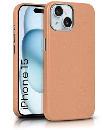 Image of WOW IMAGINE Back Cover for iPhone 15 | Shockproof Tough Leather Texture Hard Mobile Case | Ultra Slim Non-Slip Grip | Inner Velvet Fabric | Metal Camera Ring - Tan Brown