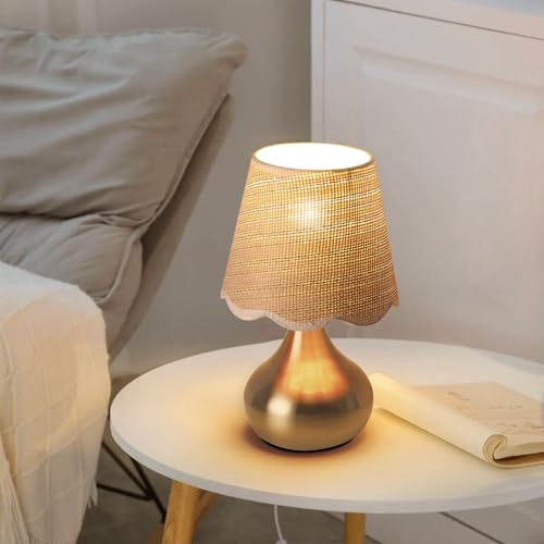 Small Table Lamp - Brass Gold Mini Table Lamps for Bedroom Vintage Decor Bedside Lamps for Night Stands Scalloped Rattan Shade Desk Lamp for Kids Room, Living Room, College Dorm, Home, Kitchen - Image 6