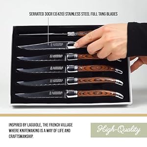 Trudeau Set of 6-Brown & Gray Laguiole Steak Knives with Pakkawood Handles, Stainless/Wood Trudeau Set of 6 Brown Gray Laguiole Steak Knives with Pakkawood Handles StainlessWood