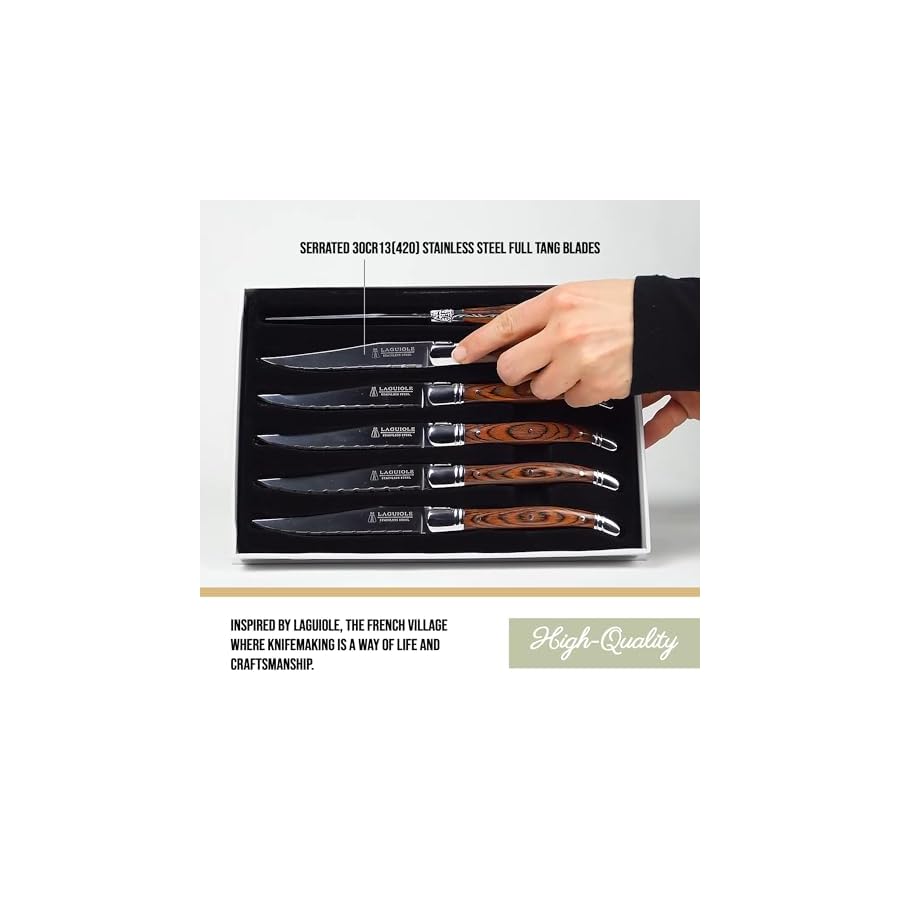 Trudeau Set of 6-Brown & Gray Laguiole Steak Knives with Pakkawood Handles, Stainless/Wood