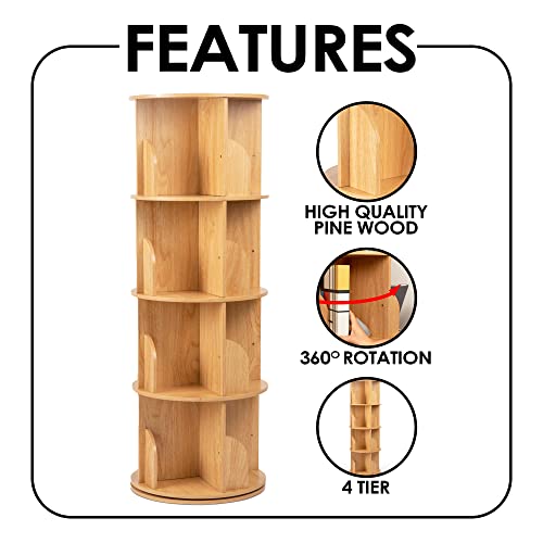 Rotating Bookshelf 360 Display, 4 Tier Floor Standing Bookcase For Kids & Adults, Solid Wood Narrow Spinning Bookshelf Organizer For Study Room, Living Room, Classroom & Bedroom. #TOP2