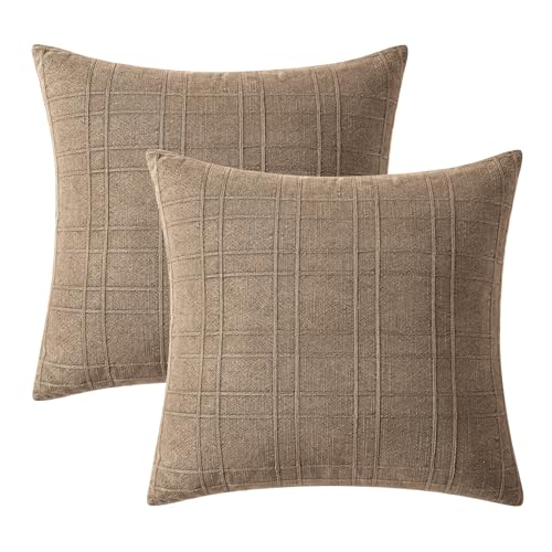 Image of MIULEE Decorative Linen Check Euro Shams Throw Pillow Covers Neutral Farmhouse Vintage Pillow Covers 22x22 Set of 2 Boho Modern Winter Home Decor for Sofa Couch Bedroom Cushion Light Brown
