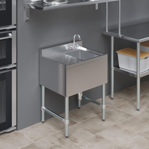Image of AmGood One Compartment Stainless Steel Under bar Sink (Sink Size: 24 inchx19 inch, Single Bowl + 12 inch Left Drainboard)