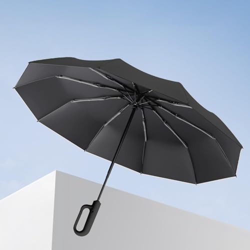 Ombrello da viaggio automatico antivento con manico a gancio ombrello pieghevole compatto e portatile per uso esterno, nero, Small