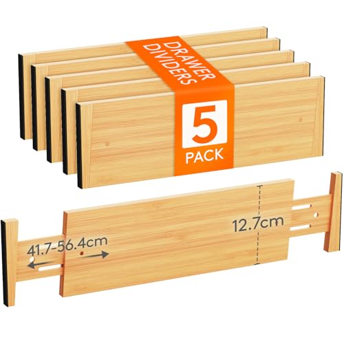 Lifewit Juego de 5 separadores de cajones de bambú natural, ajustables para longitud interior 40 – 56 cm y altura  12,7 cm, organizador para cocina, armario, escritorio, cuarto de baño