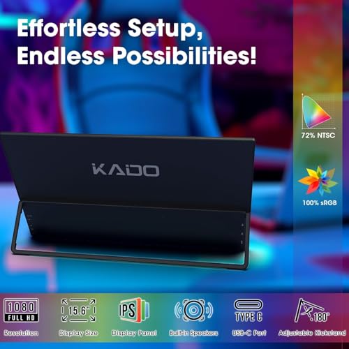 Image of Kado Portable Monitor 15.6 Inch 1080p 100% sRGB Ultra-Slim Gaming Display | Laptop Monitor 1920x1080 180 Kickstand, Carrying Case for PC, Mac, Phone, Dex, Xbox, PS5, USB-C & HDMI Connectivity