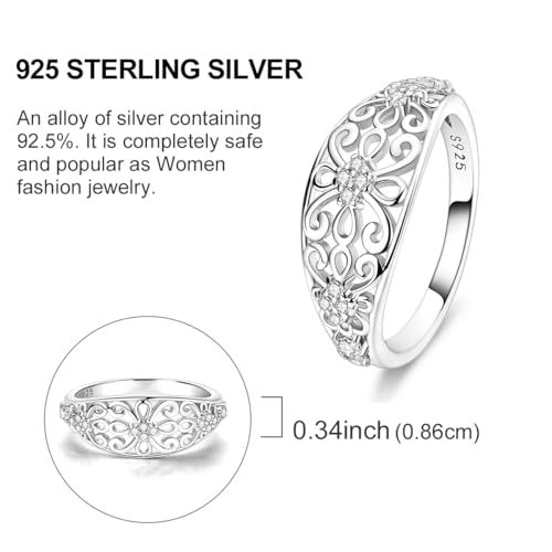 Hapour 925 Sterling Silver Ring for Women, Victorian Leaf Filigree Vintage Ring with CZ Stones Simple Statement Eternity Rings Everyday Unique Wedding Band Size 6-94