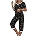 Women's Fashion Pajamas Sets Love Heart Print Short Sleeve Tops Cropped Pants Matching Summer Sleepwear 2 Piece Black