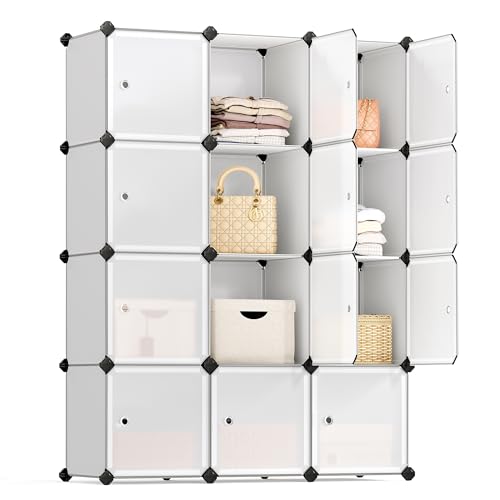 SONGMICS Cube Storage Organizer, Set of 16 Plastic Cubes, Closet Storage Shelves, DIY Plastic Closet Cabinet, Modular Bookcase, Shelving with Doors for Bedroom, Living Room, White ULPC44BSV1
