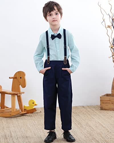 Image of SANGTREE Boys Gentleman Clothes Set, Short Sleeve Shirt with Bowtie + Suspender Pants Outfit, 3 Months - 6 Years