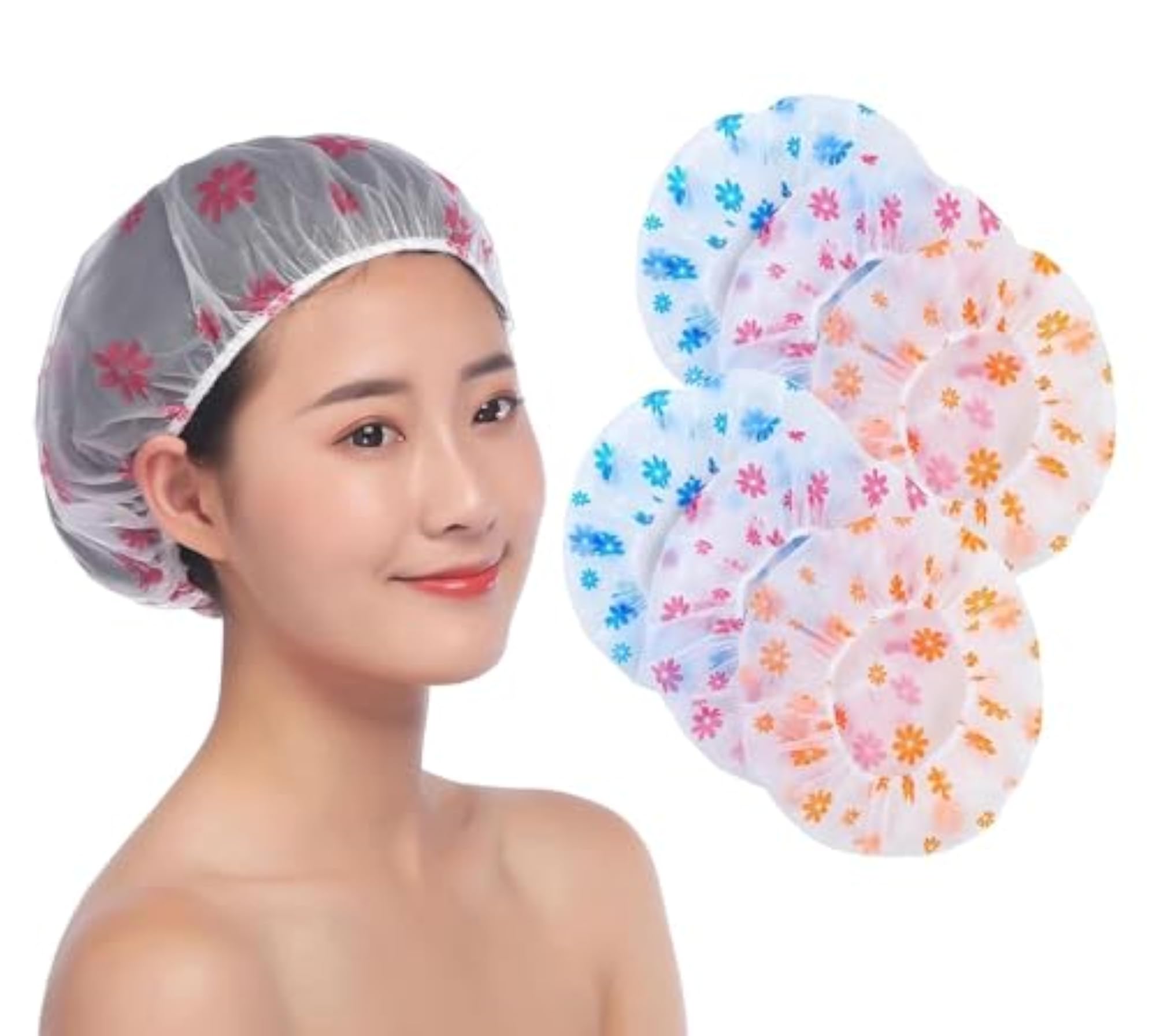Adult Printed Reusable Bath Hat Shower Caps, 6 Piece Pack