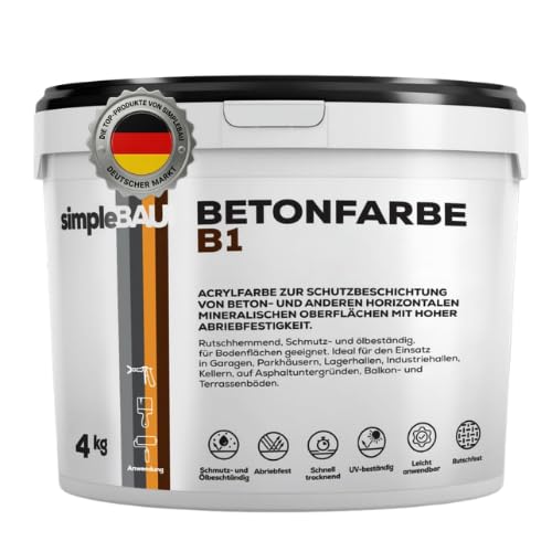 simpleBAU Betonfarbe B1 Grau 4 Kg - Garagenbodenbeschichtung - Betonfarbe Außen Frostsicher -Steinfarben Wetterfest Aussen - Flüssigkunststoff Abdichtung Außen