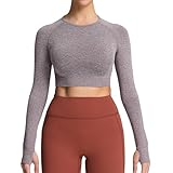 Aoxjox Long Sleeve Crop Tops for Women Workout Seamless Cropped T Shirt Top (1 Coffee Marl, Medium)