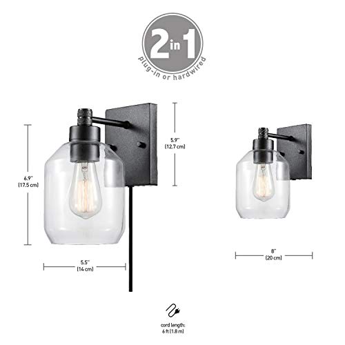 Globe Electric 51551 Middleton 1-Light Plug-In Or Hardwire Wall Sconce, Dark Bronze, Clear Glass Shade, 6Ft Black Fabric Covered Cord, Inline On/Off Rocker Switch #TOP2