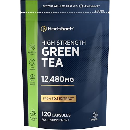 Green Tea Capsules 12,480mg | High Strength Green Tea Extract | Contains Polyphenols | 120 Powder Capsules | Vegan | by Horbaach