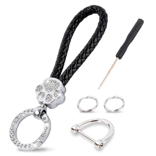 CXDWOCHE Rhinestone Braided Leather Keychain for Women, Sparkly Crystal Handmade Car Key Chain with Metal Buckle, Gift for Purse Bag