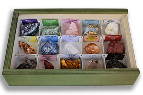 Colección de 15 Minerales de Cuarzo en Caja de Madera Natural   Auténticas Variedades de Cuarzo con Etiqueta informativa a Color. Kit de de Geología y Meditación