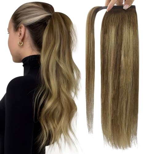 Full Shine Ponytail Extension Human Hair, Dark Brown Fading Honey