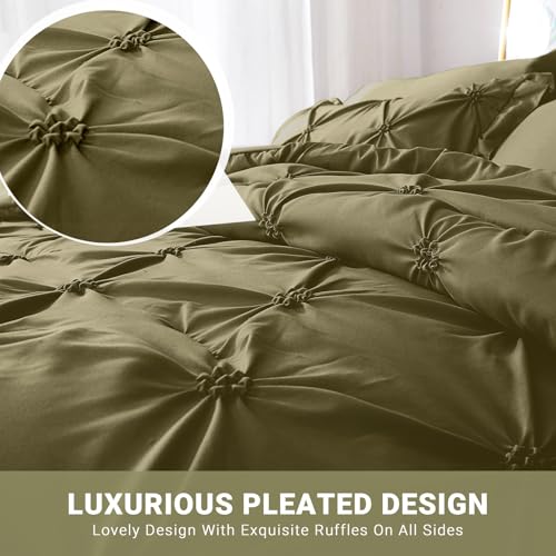 JOLLYVOGUE Olive Green Cal King Size Comforter Sets 7 Pieces, Pintuck Bed in a Bag Comforter Set for Bedroom, Bedding Comforter Sets with Comforter, Sheets, Ruffled Shams & Pillowcases