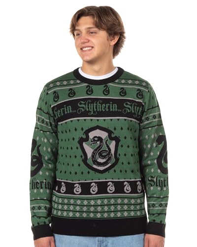 Harry Potter Sweater Mens Hogwarts House Slytherin Crest Logo Ugly Sweater for Christmas (XXX-Large) Green