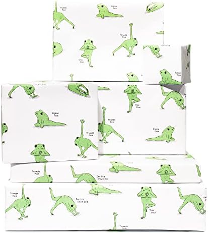 Yoga Wrapping Paper - 6 Sheet of Gift Wrap with Tags - Yoga Frogs - Birthday Wrapping Paper for Her - Yoga Poses - For Men Women - Recyclable - By Central 23