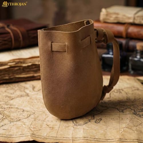 Image of Mythrojan Small Trinket Pouches Suede Leather Drawstring Coin & Dice Bags for LARP, SCA, Viking & Medieval Events (Brown- Single)