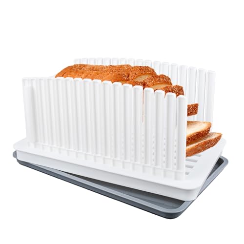 TOLASTO Bread Slicer for Homemade Bread, Bread Slicer Guide with Adjustable Width and Crumb Tray, Foldable Compact Plastic Bread Loaf Cutter Slicer for Kitchen Baking Bagel,Homemade Bread, Cake, Taost