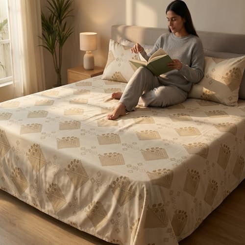 Image of Mafatlal 186 TC Grace Cotton Bedsheet for Double Bed | Pure Cotton Fabric | 90 x 100 Inches | Soft, Durable & Comfortable | Includes 2 Pillow Covers