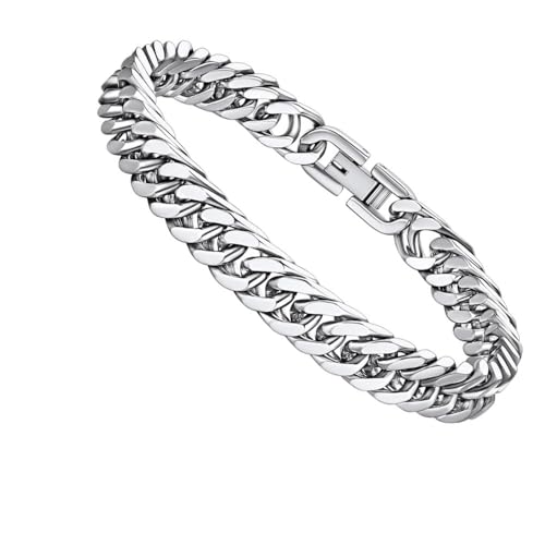 Bracelets for Men, Mens Jewelry with Gift Box Stainless Steel Simple Cuban Chunk Link Silver Bracelet for Men and Boys (19cm)