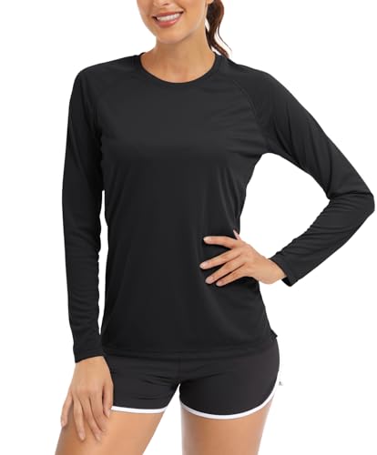 TACVASEN Rash Guard für Damen Rashguard Langarm Leicht Bademode Shirts Schnell Trocknender UPF 50+ Swimsuit (L, Schwarz)