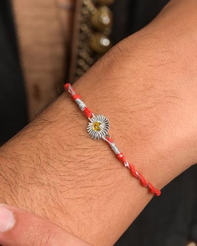 Image of Clara 925 Sterling Silver Rakhi with Roli Chawal for Bhai | Gift for Brother on Rakshabandhan | Men & Boy Bracelet