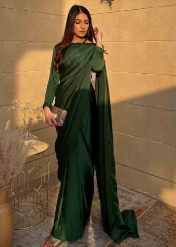 Image of FABIAN FASHION Women's Solid Japan Satin Silk Saree With Unstitched Blouse Piece for Wedding Saree
