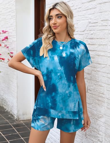 Image of LOMON Womens Fashion 2 Piece Outfits Sweatsuits 2026 Summer Short Sleeve Loungewear Tracksuit Round Neck Lounge Shorts Sets