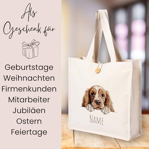 GRAZDesign Personalisierbare Hundemotiv Tragetasche aus Baumwolle mit Knopf und Namen, Ideal für Hunderassen-Liebhaber - Cocker Spaniel