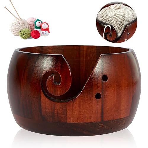 Wooden Yarn Bowl Round Crochet Bowl Holder with Holes Pine Knitting Yarn Bowls Wooden Weaving Thread Bowl with Lid Portable Yarn Storage Bowl for DIY Knitting Crafts 5.9x5.9x3inch(Dark without lid)