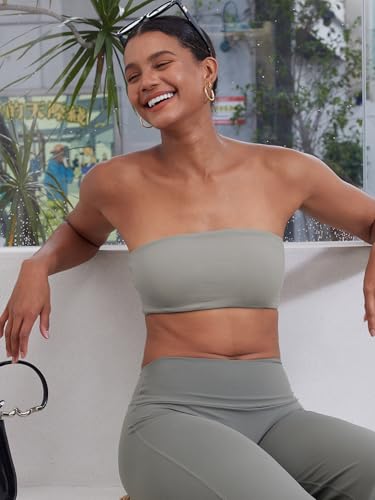 Image of YEOREO Strapless Bandeau Sports Bra for Workout Seamless Tube Top Gym Padded Wireless Bra