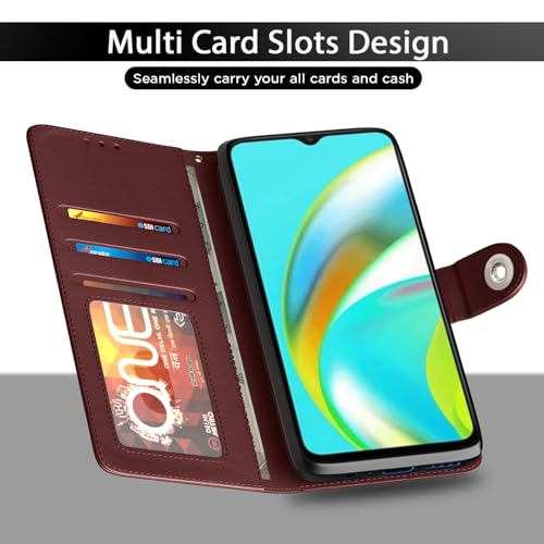 Image of Pikkme Flip Cover Leather Finish | Inside TPU with Card Pockets | Wallet Stand and Shock Proof | Complete Protection Button Flip Case for Realme C12 / Realme Narzo 20 / Narzo 30A / Realme C25 (Brown)