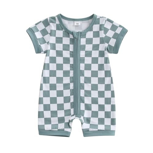 Image of KtwHarnu Newborn Baby Boy Girl Clothes Checkered Plaid Short Sleeve Zipper Romper Jumpsuit One Piece Bodysuit Summer Outfit